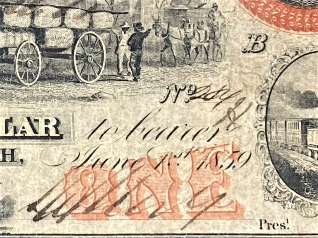Merchants and Planters $1, close up of date, June 1st, 1859