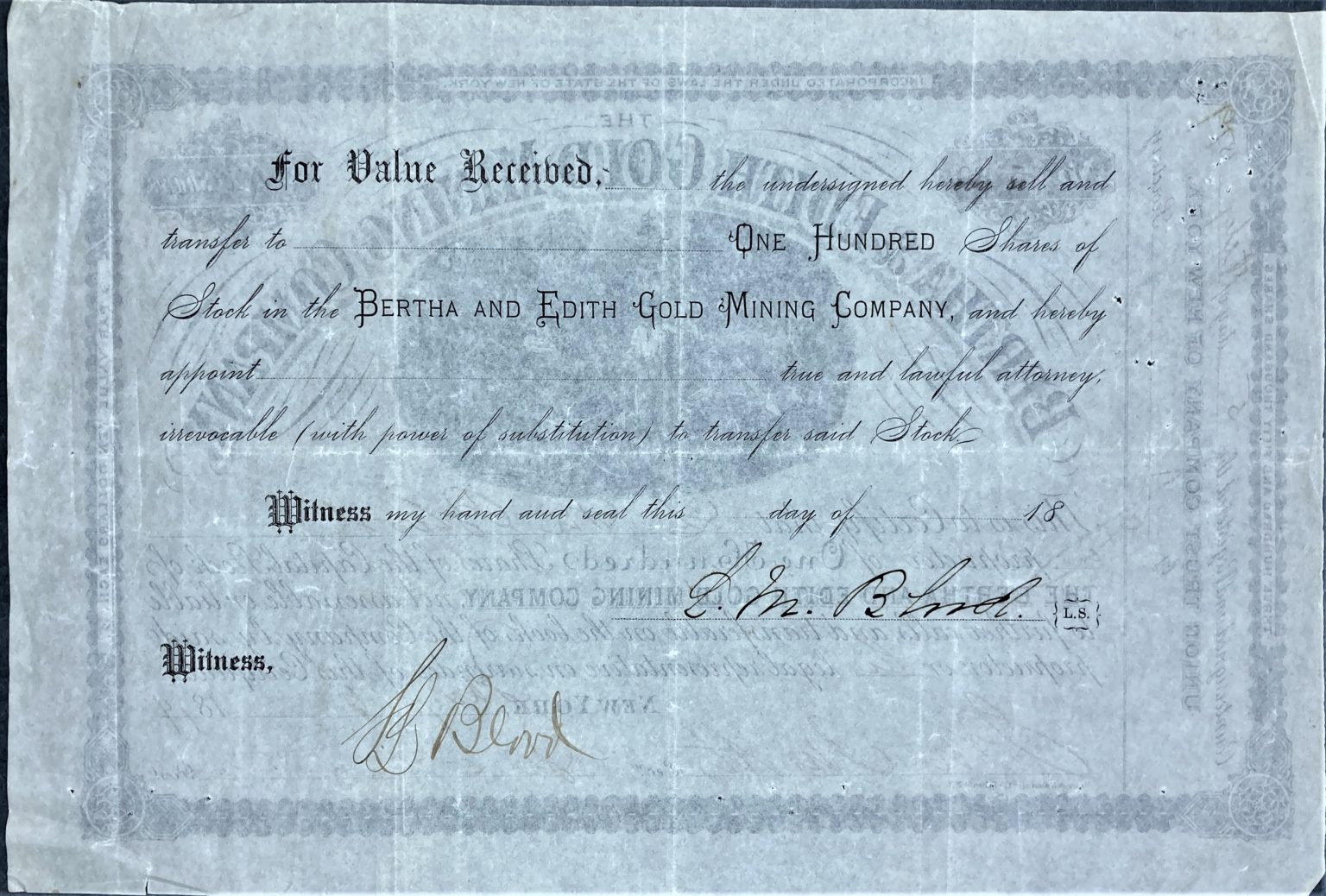 Bertha & Edith Gold Mining Company 100 share certificate, back.