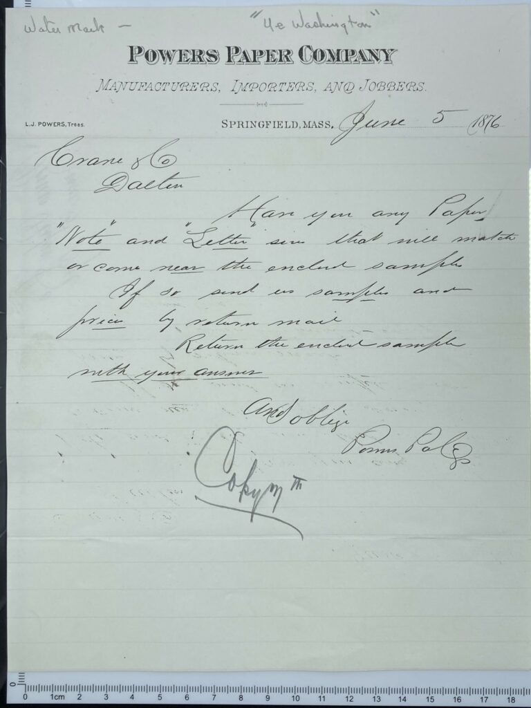 Letter to Crane from the Powers Paper Company