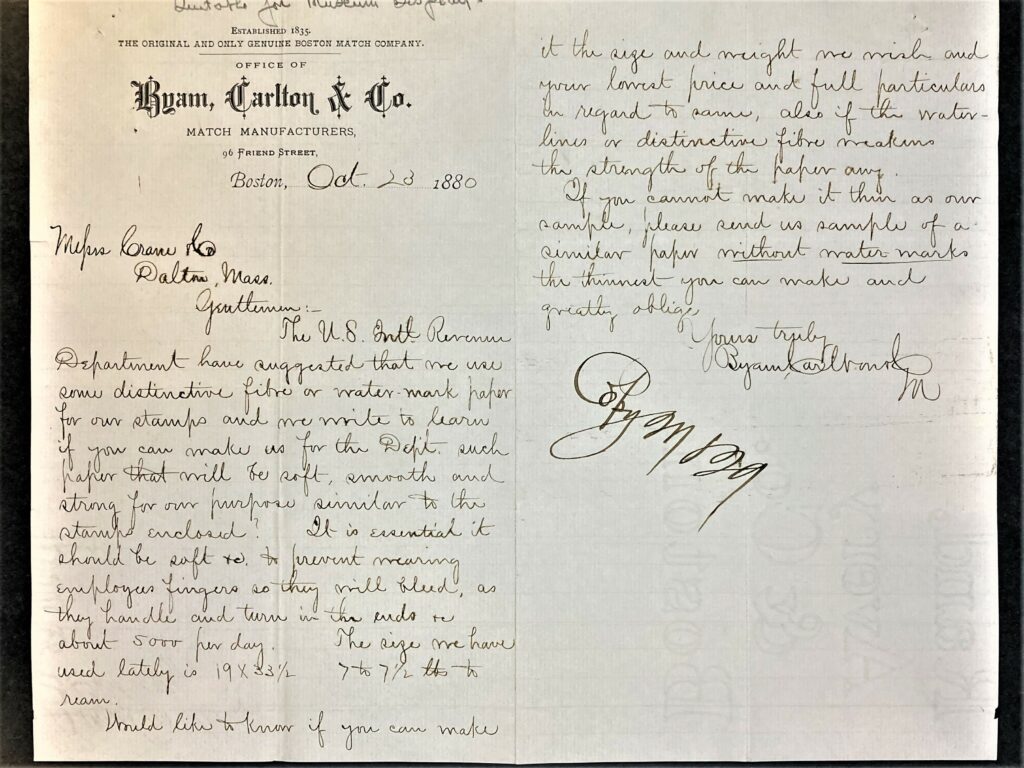 Letter from Byam Carlton & Co. looking for ‘distinctive’ paper