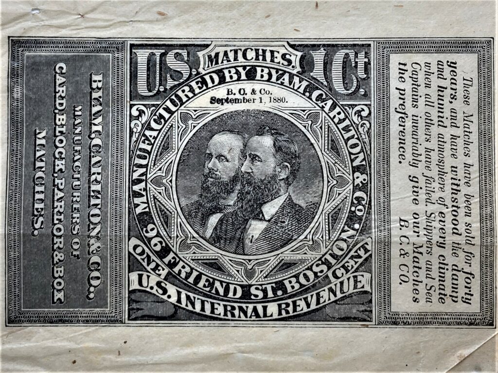 Matchbox label as 1cent Internal Revenue Department ‘stamp’