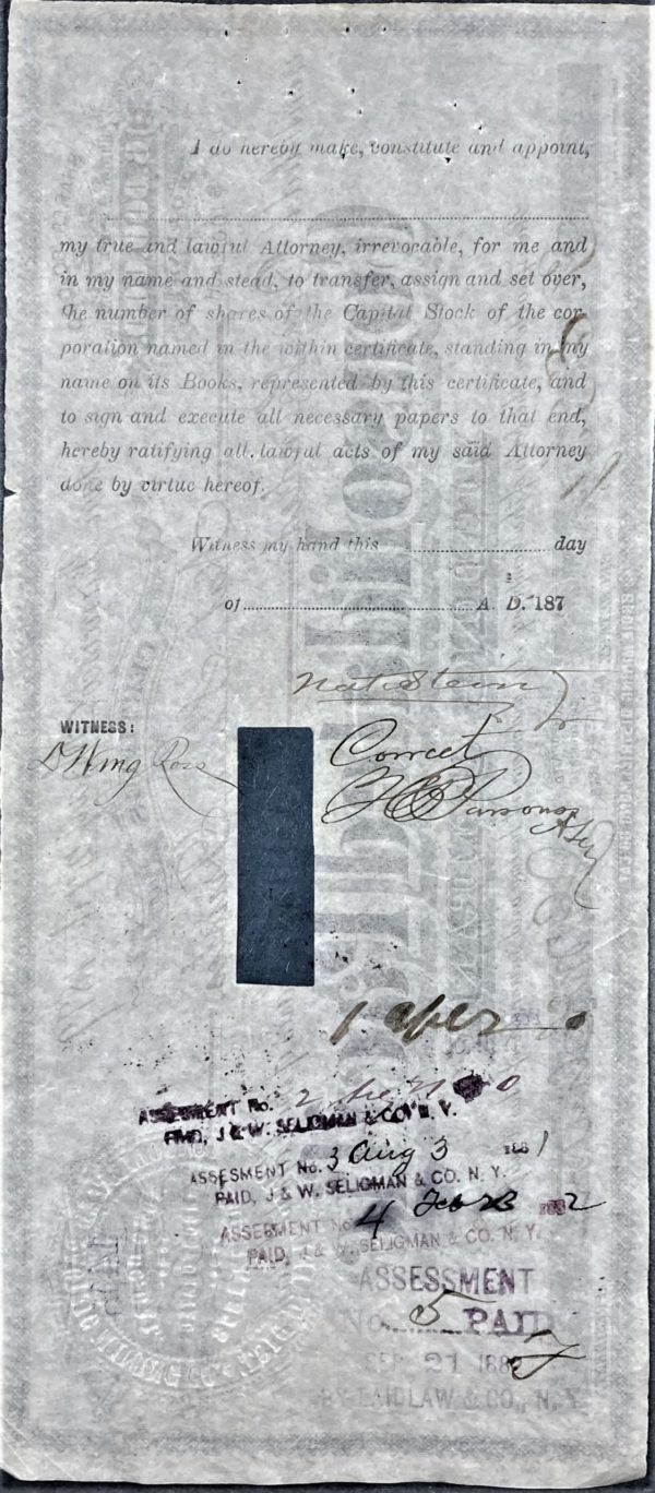 Consolidated Pacific Mining Company 100 share certificate, back – close-up.
