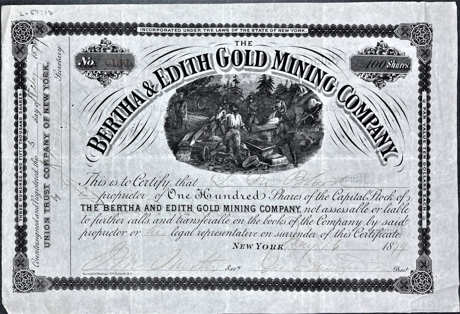 Bertha & Edith Gold Mining Company 100 share certificate, front.