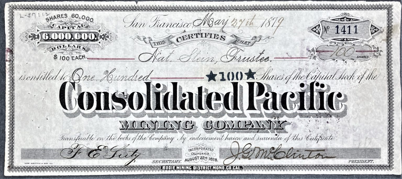Consolidated Pacific Mining Company 100 share certificate, front.